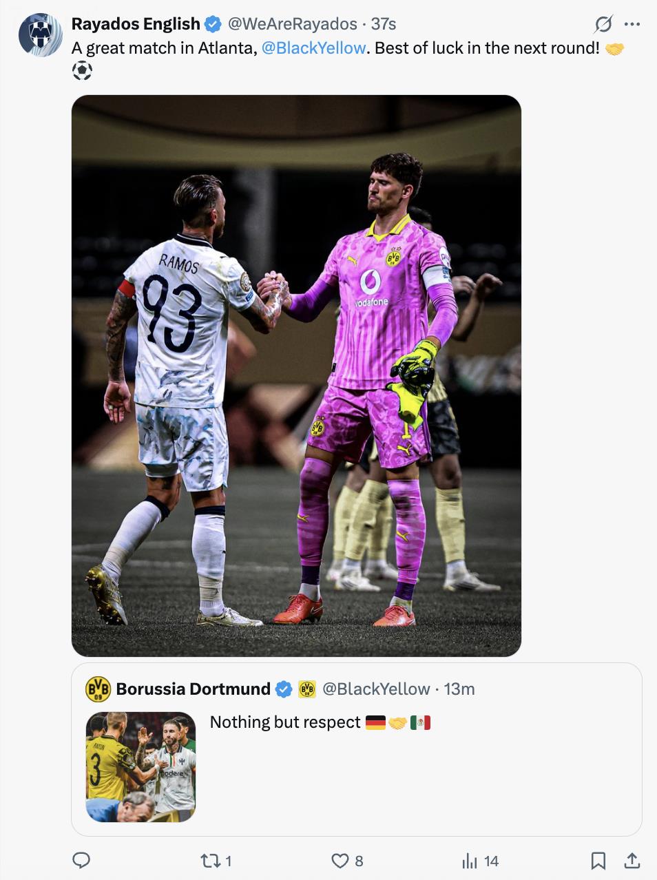 Dortmund tri ân Ramos trên mạng xã hội: Chỉ có sự tôn trọng! Twitter chính thức của Monterrey phản hồi: Chúc bạn may mắn!